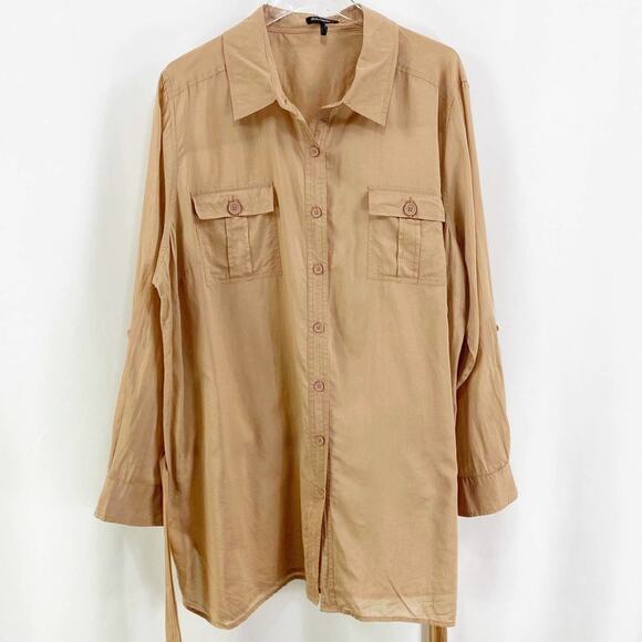 DAISY FUENTES Brown Tie Waist Cotton Button Up Top - Picture 1 of 10